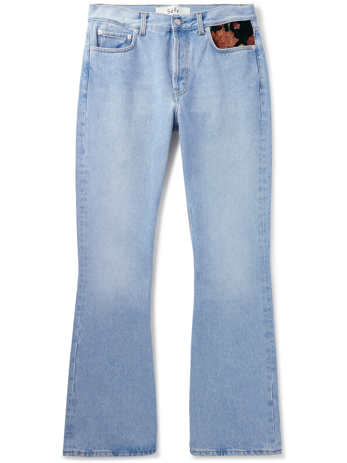 Séfr Flared Embroidered Velour-trimmed Jeans In Blue