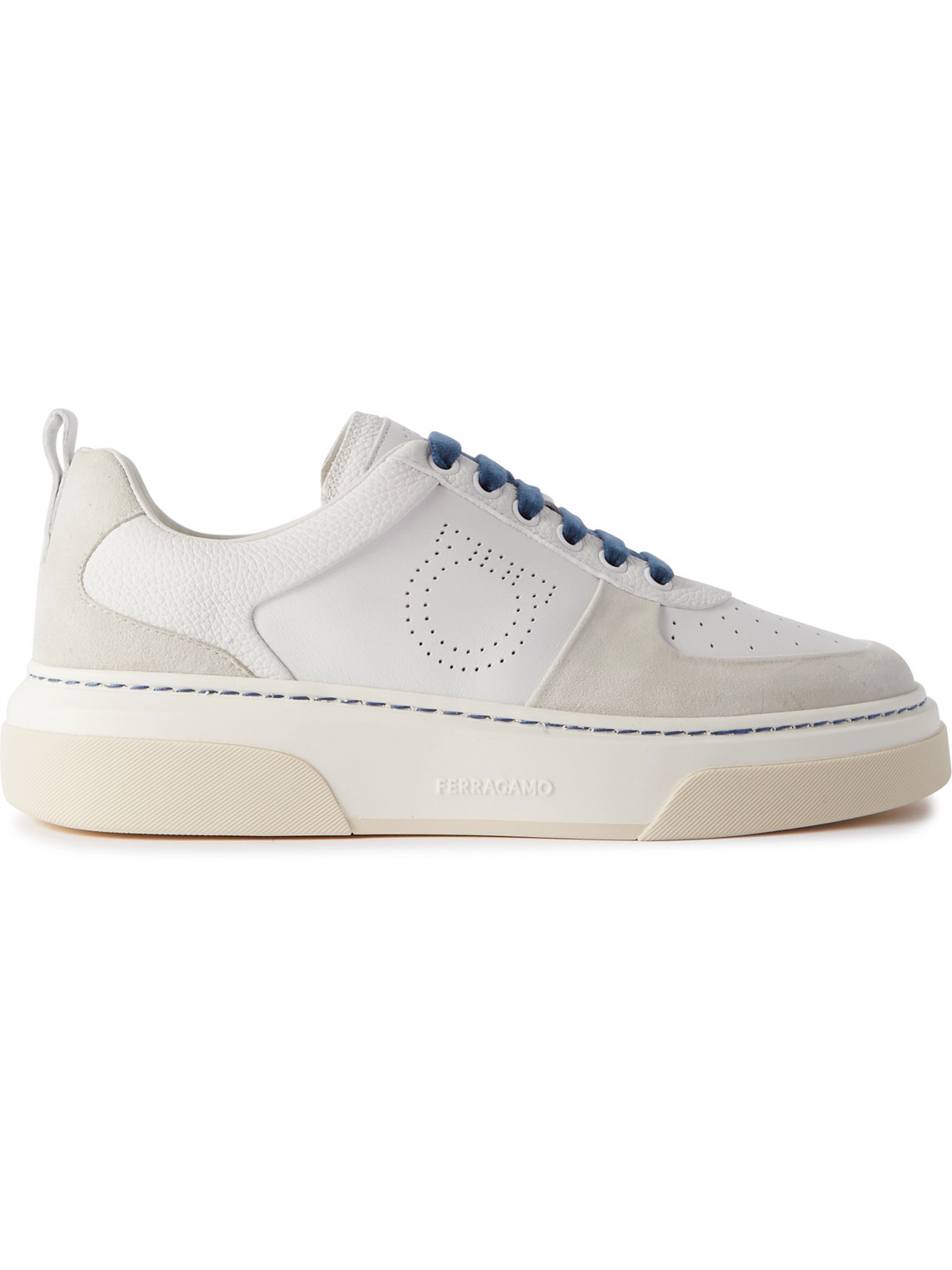 Shop Ferragamo Suede-trimmed Perforated Leather Sneakers In White