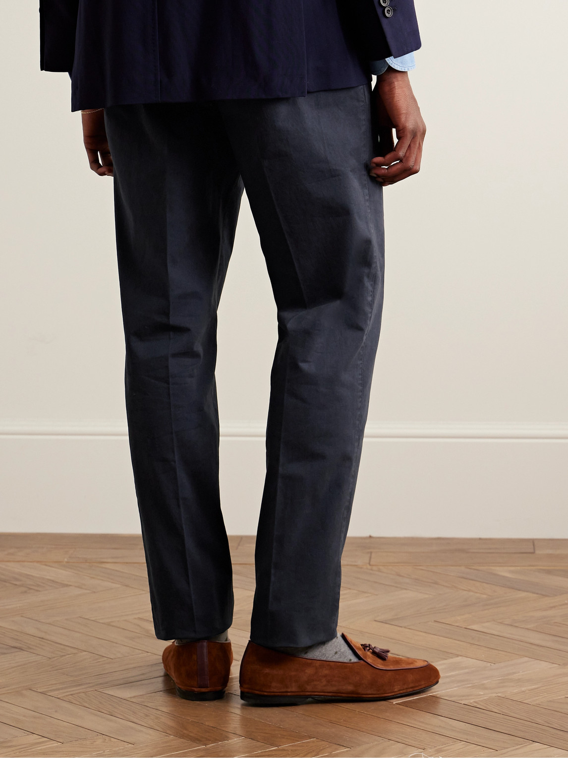 Shop Rubinacci Manny Tapered Pleated Cotton-twill Trousers In Blue