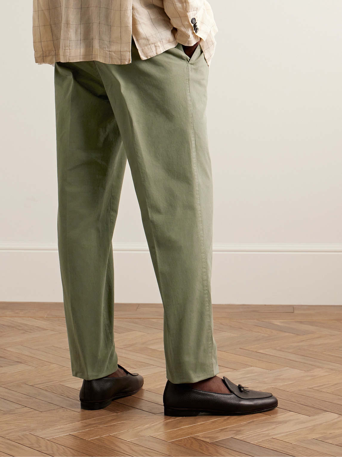 Shop Rubinacci Manny Tapered Pleated Cotton-twill Trousers In Green