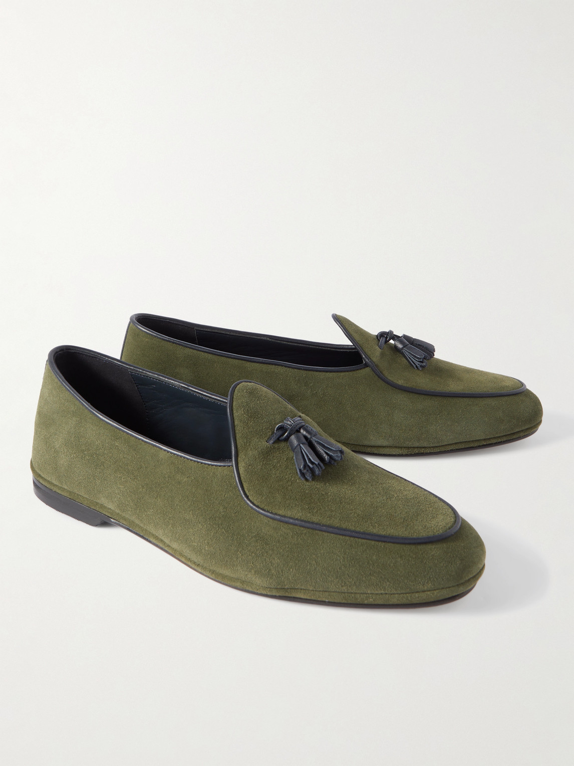 Shop Rubinacci Marphy Tasselled Leather-trimmed Velour Loafers In Green