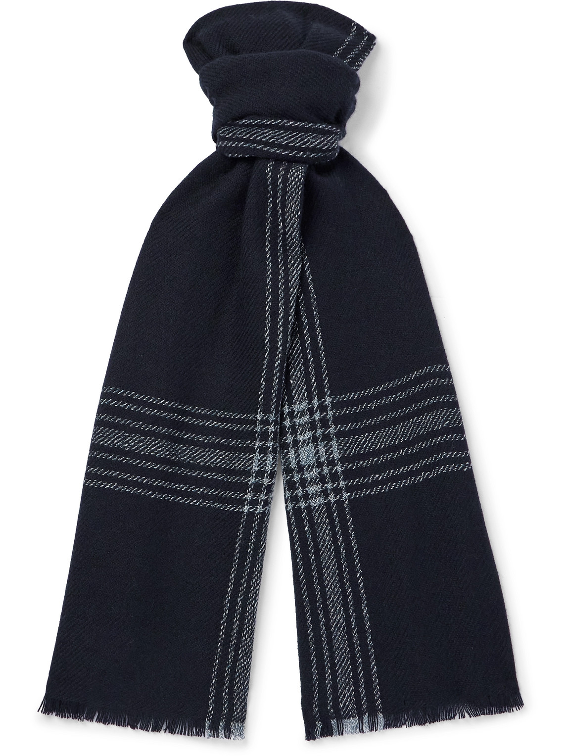 Shop Loro Piana Frayed Checked Cashmere And Linen-blend Scarf In Blue