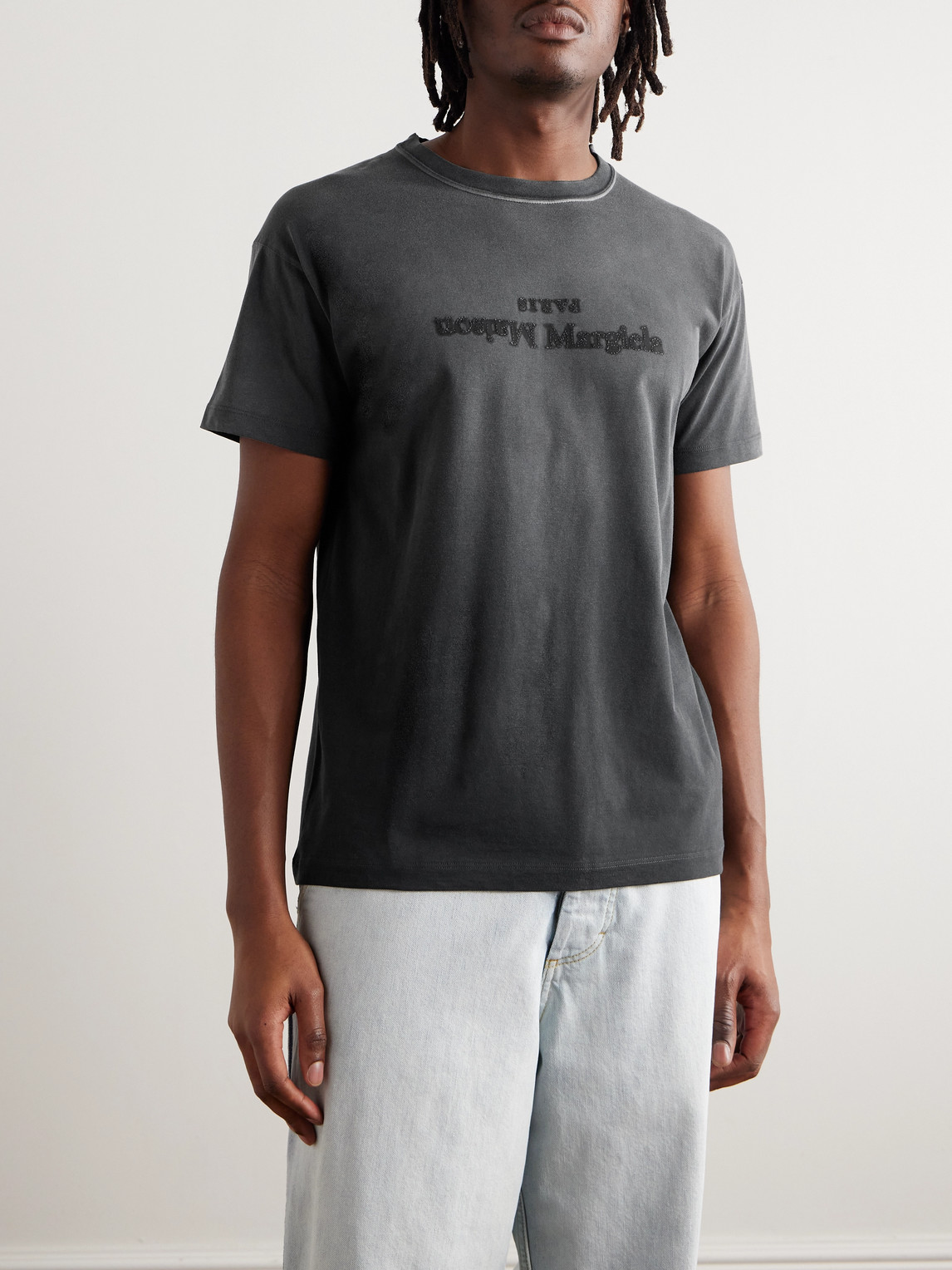 Shop Maison Margiela Logo-embroidered Cotton-jersey T-shirt In Black
