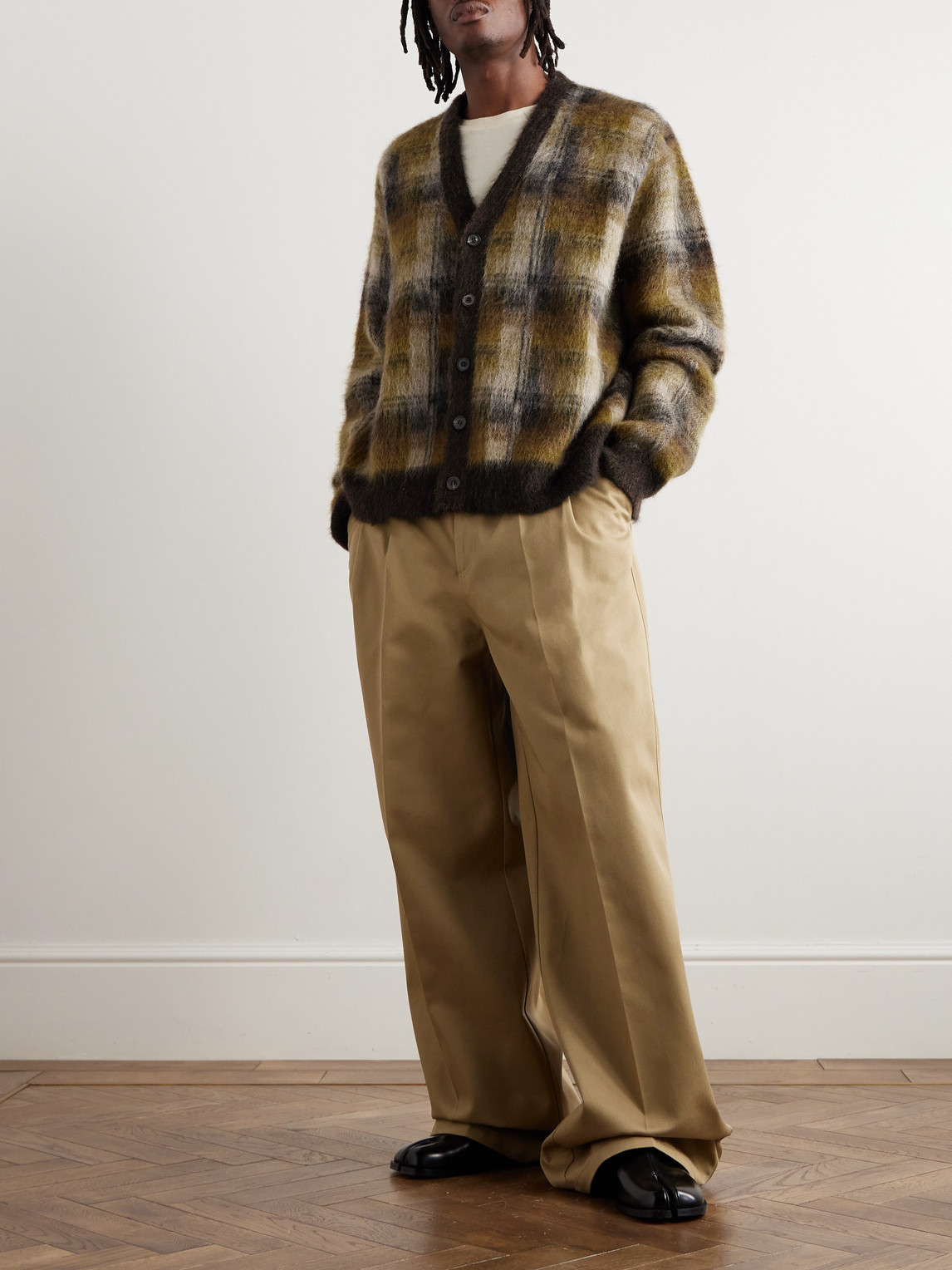 Shop Maison Margiela Pendleton Checked Brushed Mohair-blend Cardigan In Brown