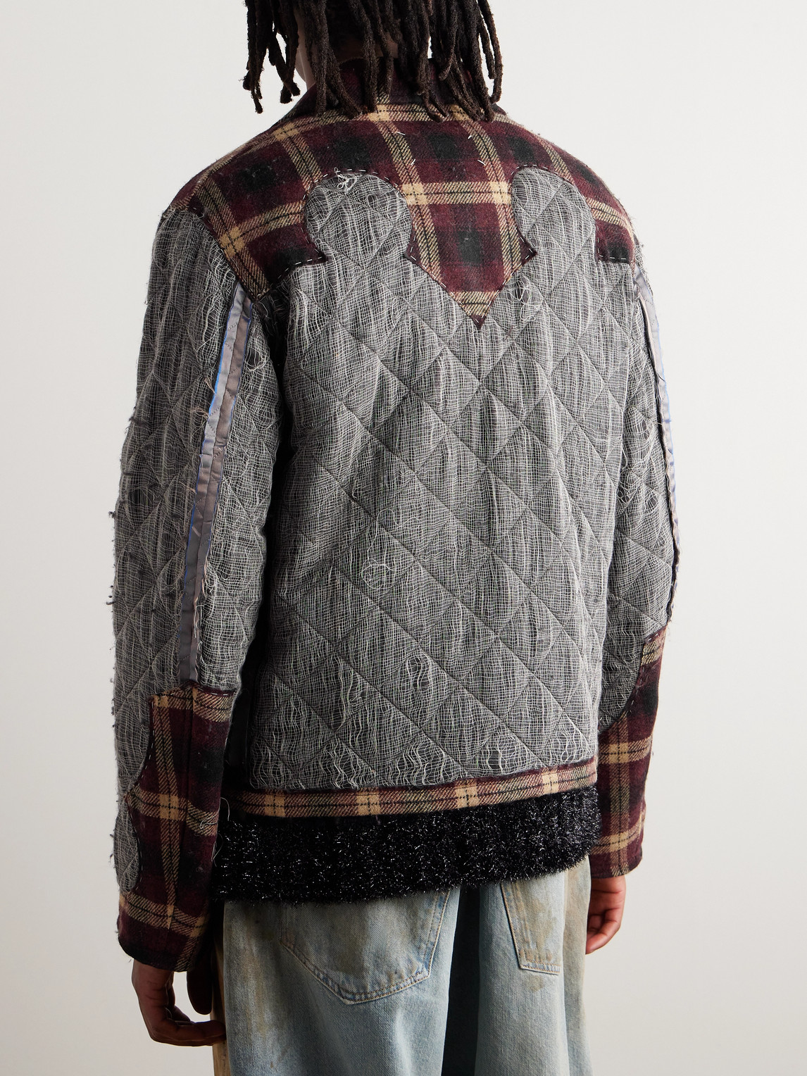 Shop Maison Margiela Pendleton Embroidered Patchwork Checked Wool And Cotton Bomber Jacket In Burgundy