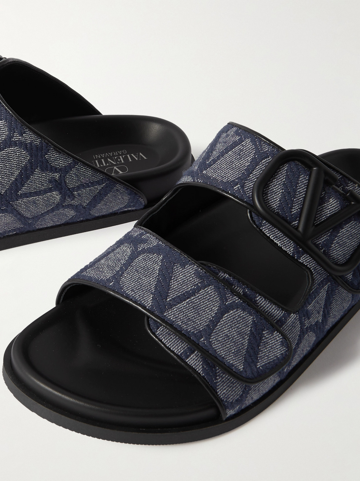 Shop Valentino Leather-trimmed Logo-jacquard Denim Slides In Blue