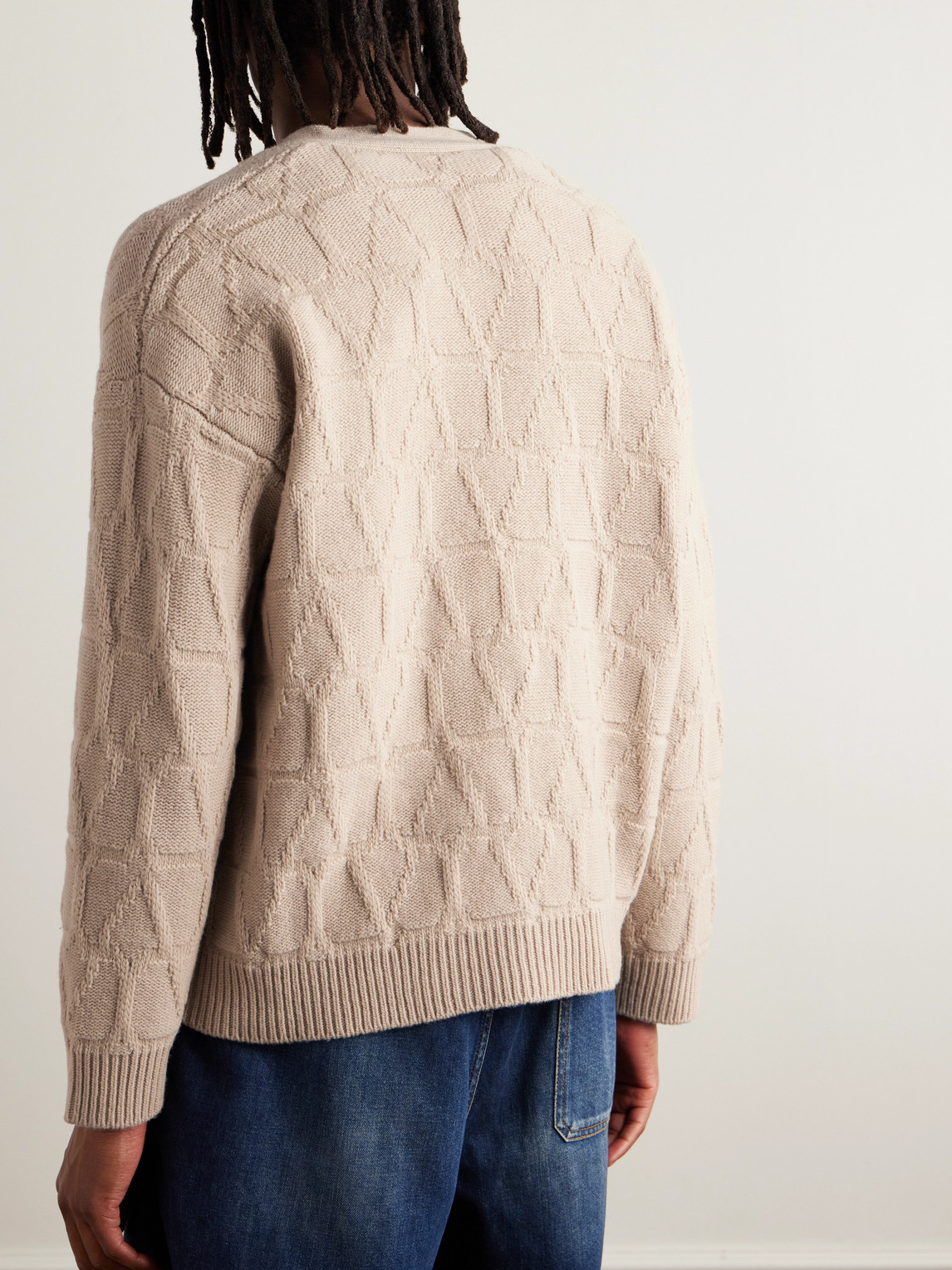Shop Valentino Toile Iconographe Cable-knit Virgin Wool Cardigan In Neutrals