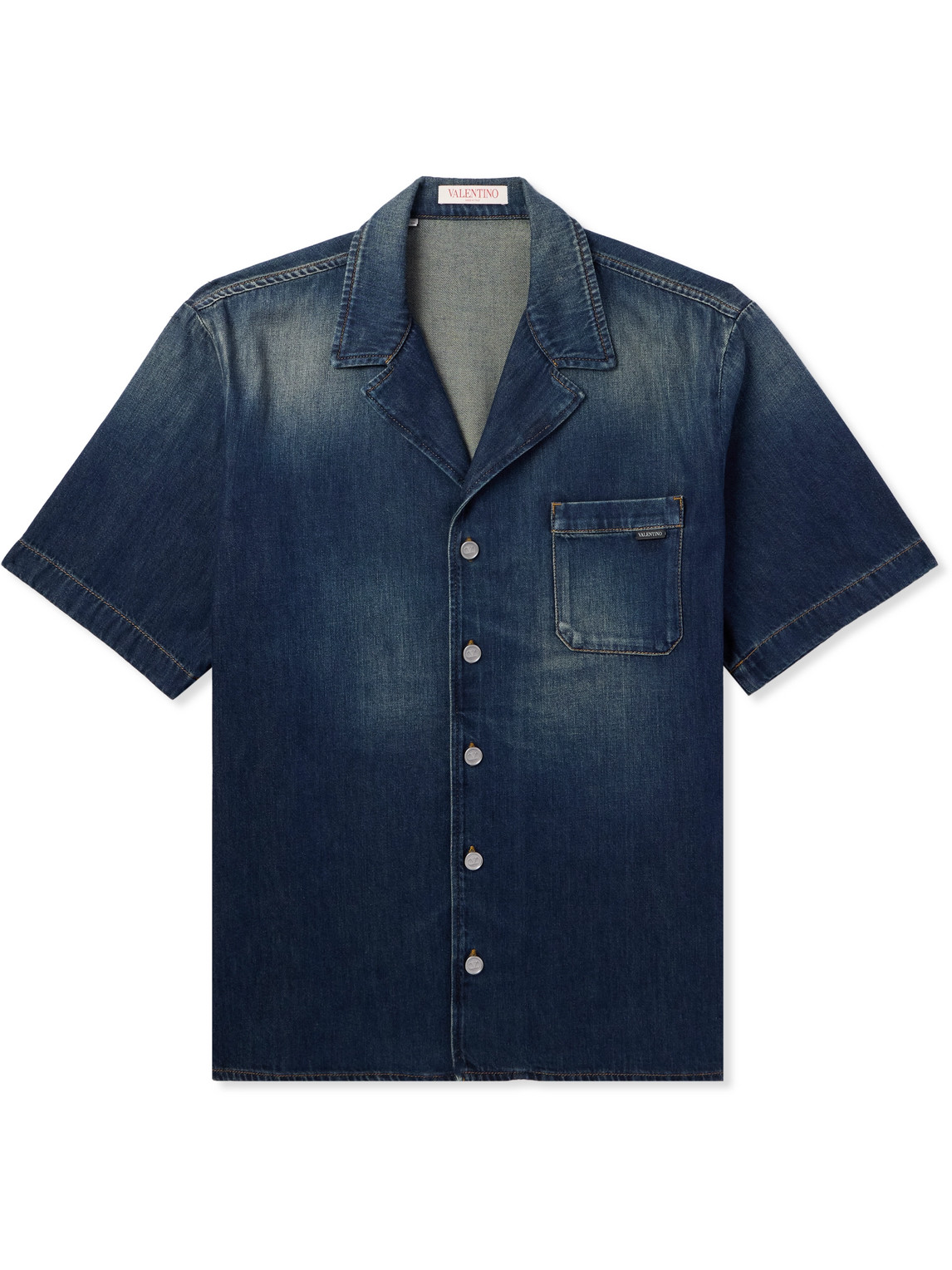 Shop Valentino Camp-collar Denim Shirt In Blue
