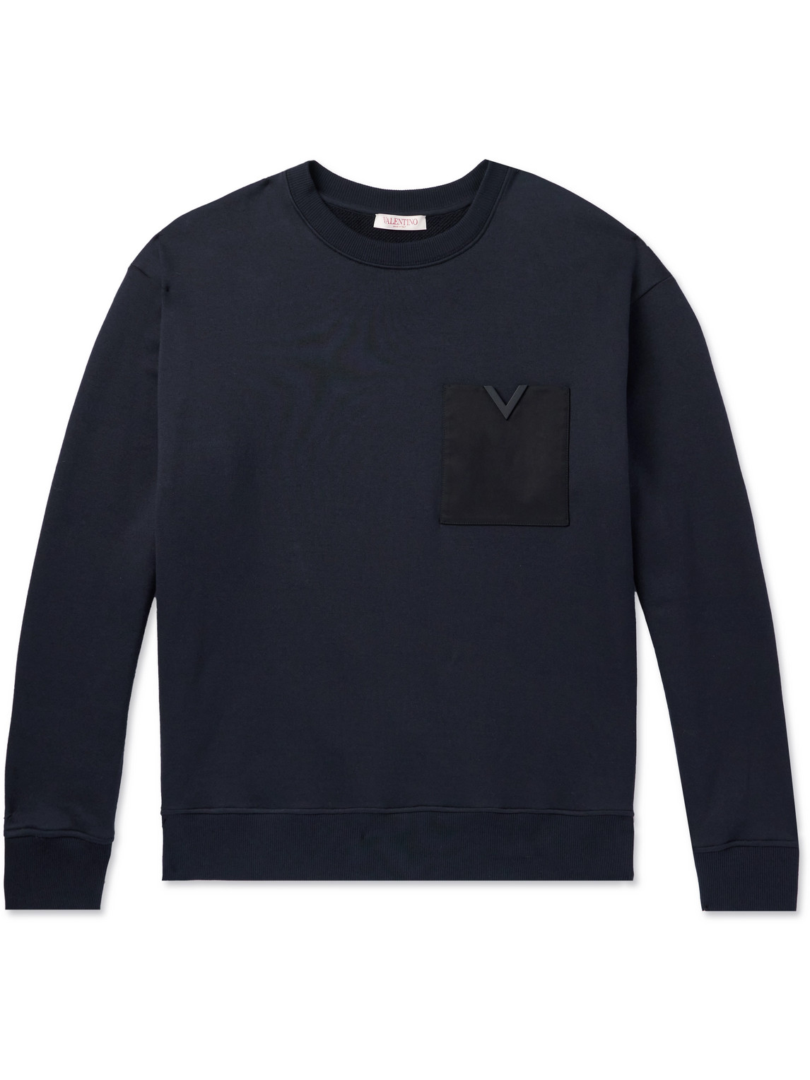 Valentino Logo-embellished Twill-trimmed Stretch-cotton Jersey Sweatshirt In Blue