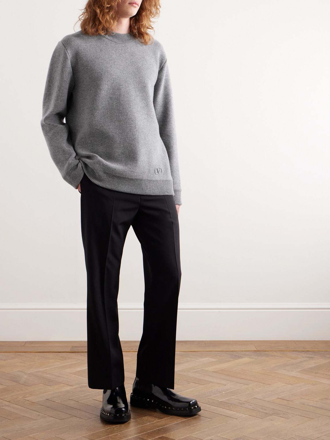 Shop Valentino Vlogo Logo-appliquéd Stretch-knit Sweater In Gray