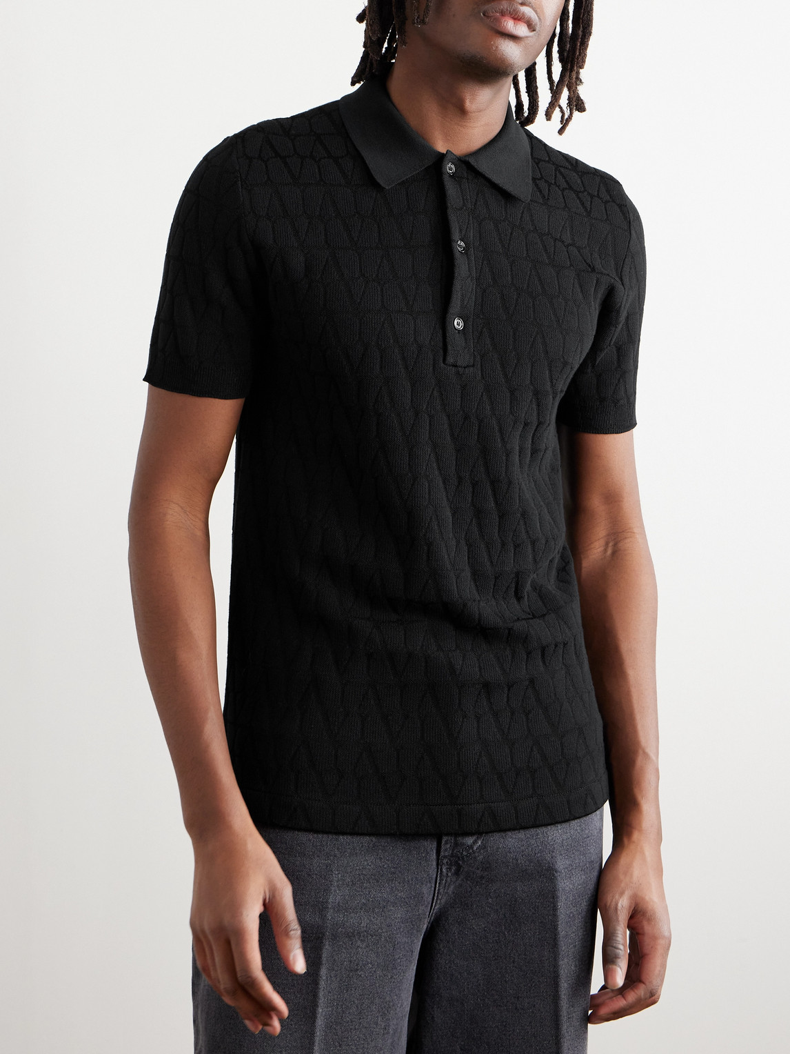 Shop Valentino Toile Iconograph Logo-jacquard Cotton-blend Polo Shirt In Black