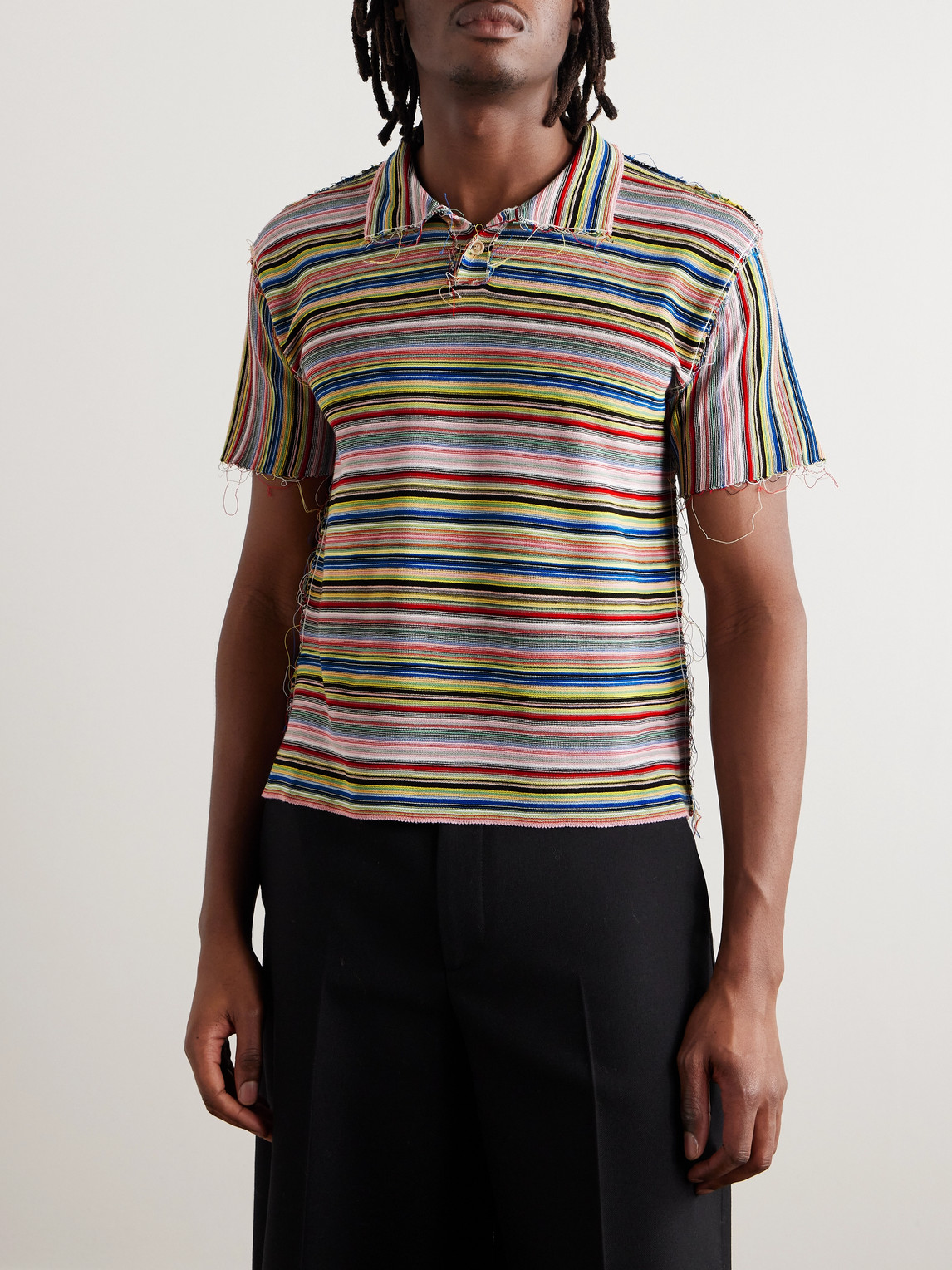 Shop Maison Margiela Gauge Slim-fit Frayed Striped Cotton Polo Shirt In Multi