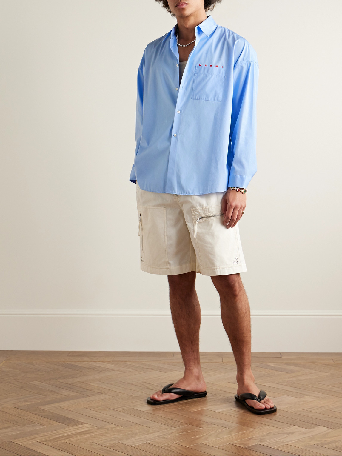 Shop Marni Logo-print Cotton-poplin Shirt In Blue