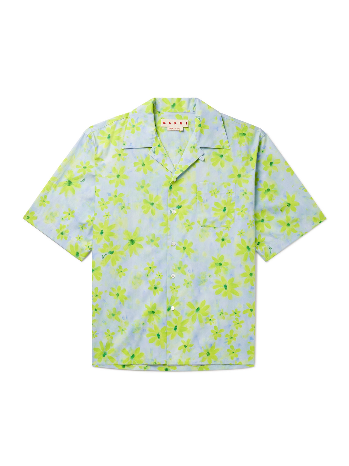 Shop Marni Convertible-collar Floral-print Cotton-poplin Shirt In Blue