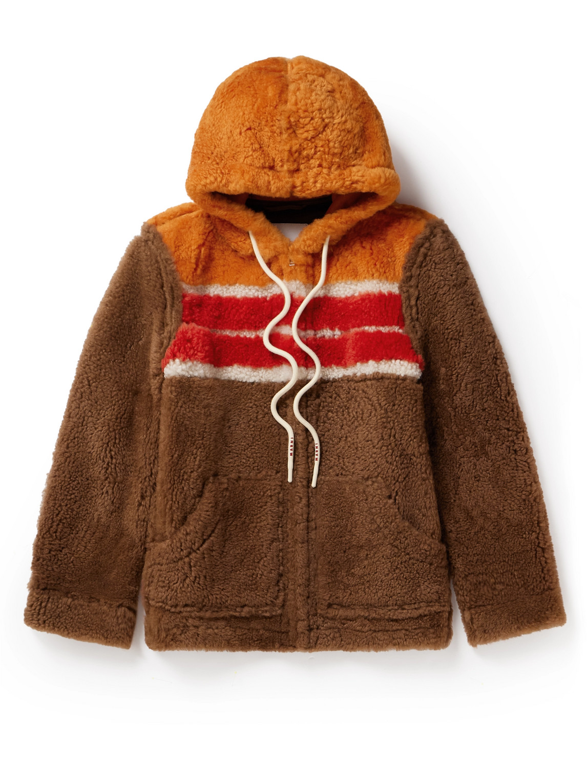 Marni Striped Shearling Hooded Jacket In Brown
