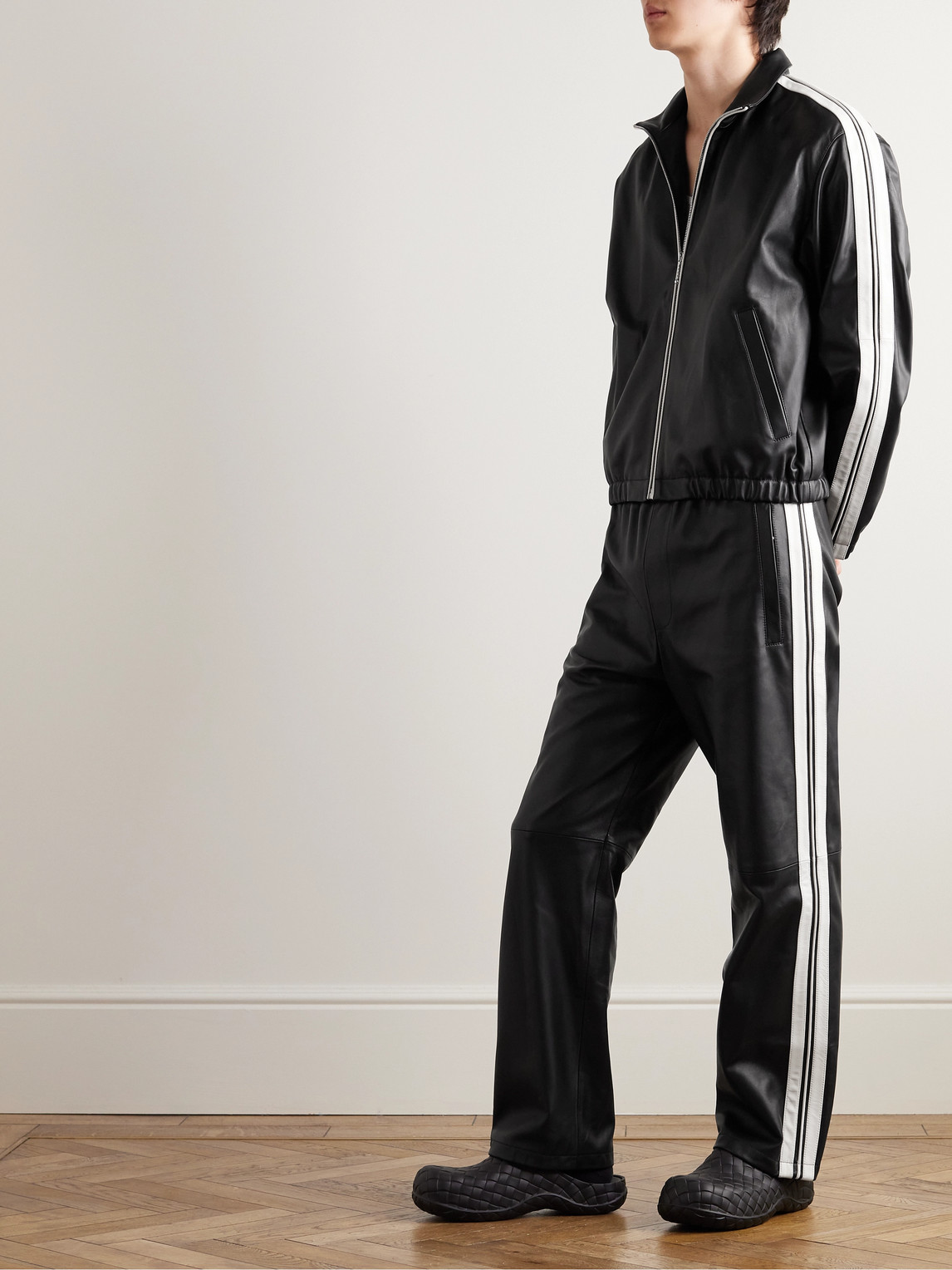 Shop Marni Straight-leg Striped Nappa Leather Trousers In Black