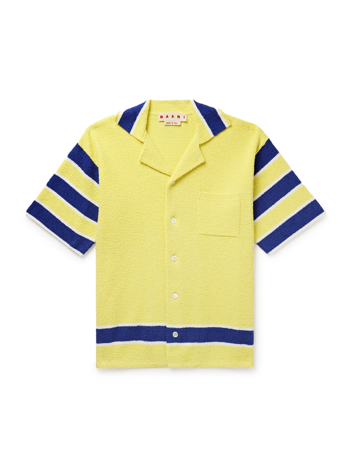 Shop Marni Camp-collar Striped Cotton-blend Terry Shirt In Yellow