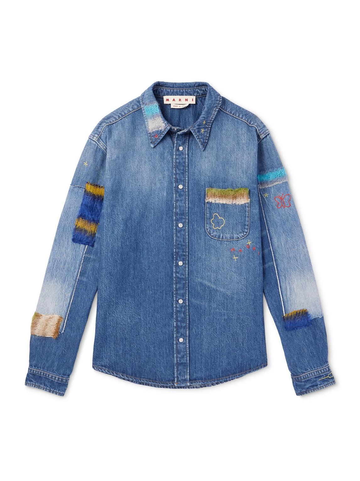 Shop Marni Embroidered Appliquéd Denim Shirt Jacket In Blue
