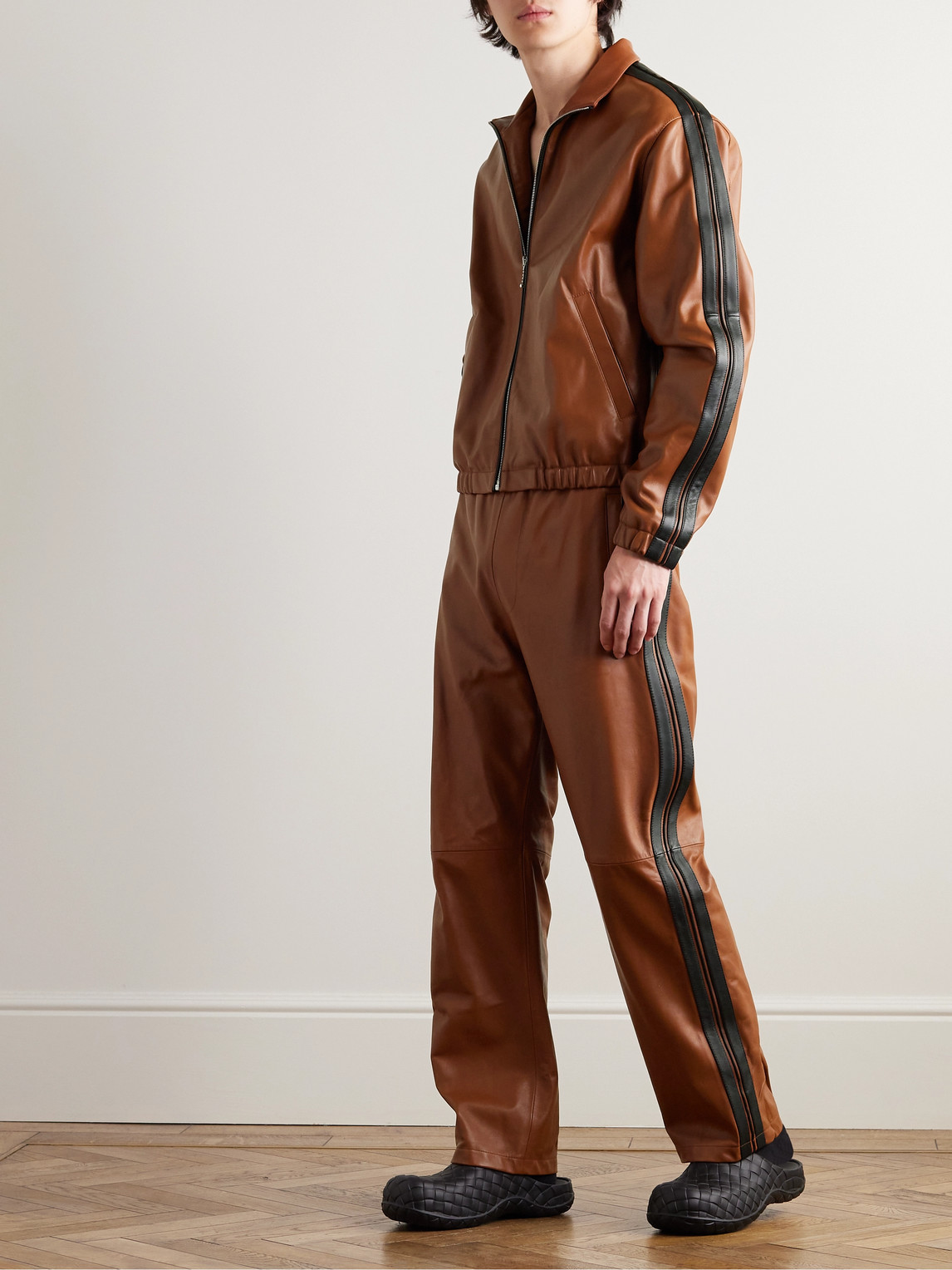 Shop Marni Straight-leg Striped Nappa Leather Trousers In Brown