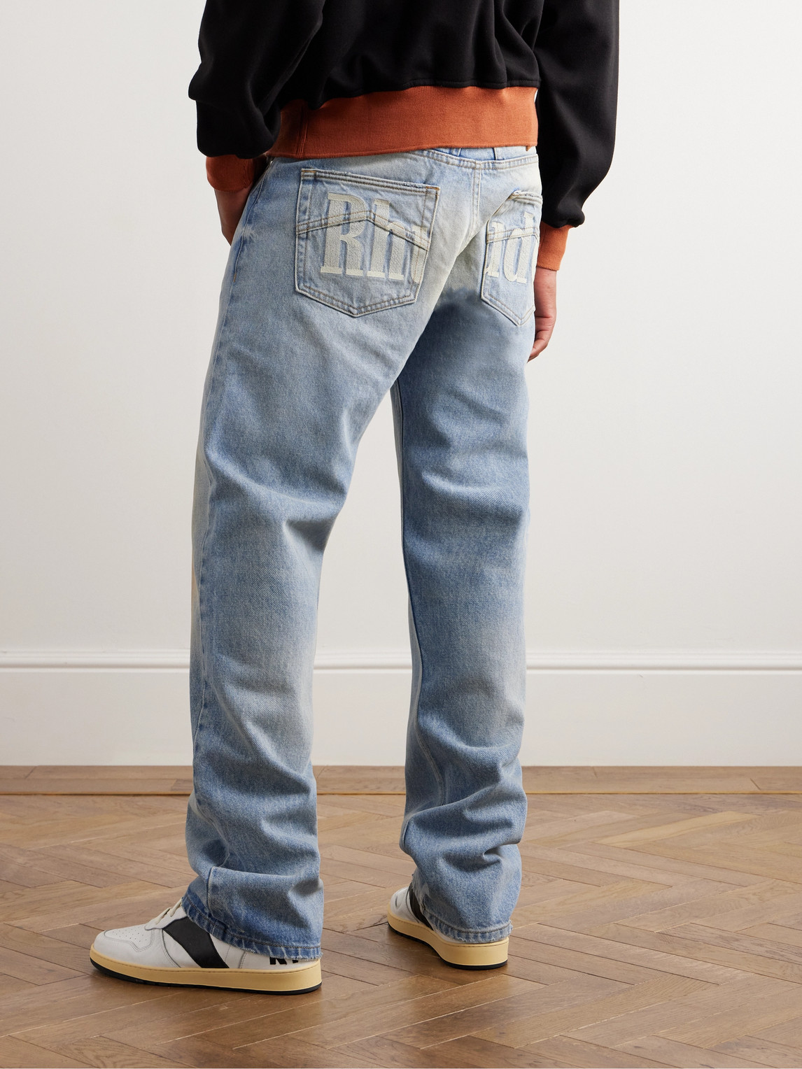 Shop Rhude Lamborghini Straight-leg Printed Distressed Jeans In Blue