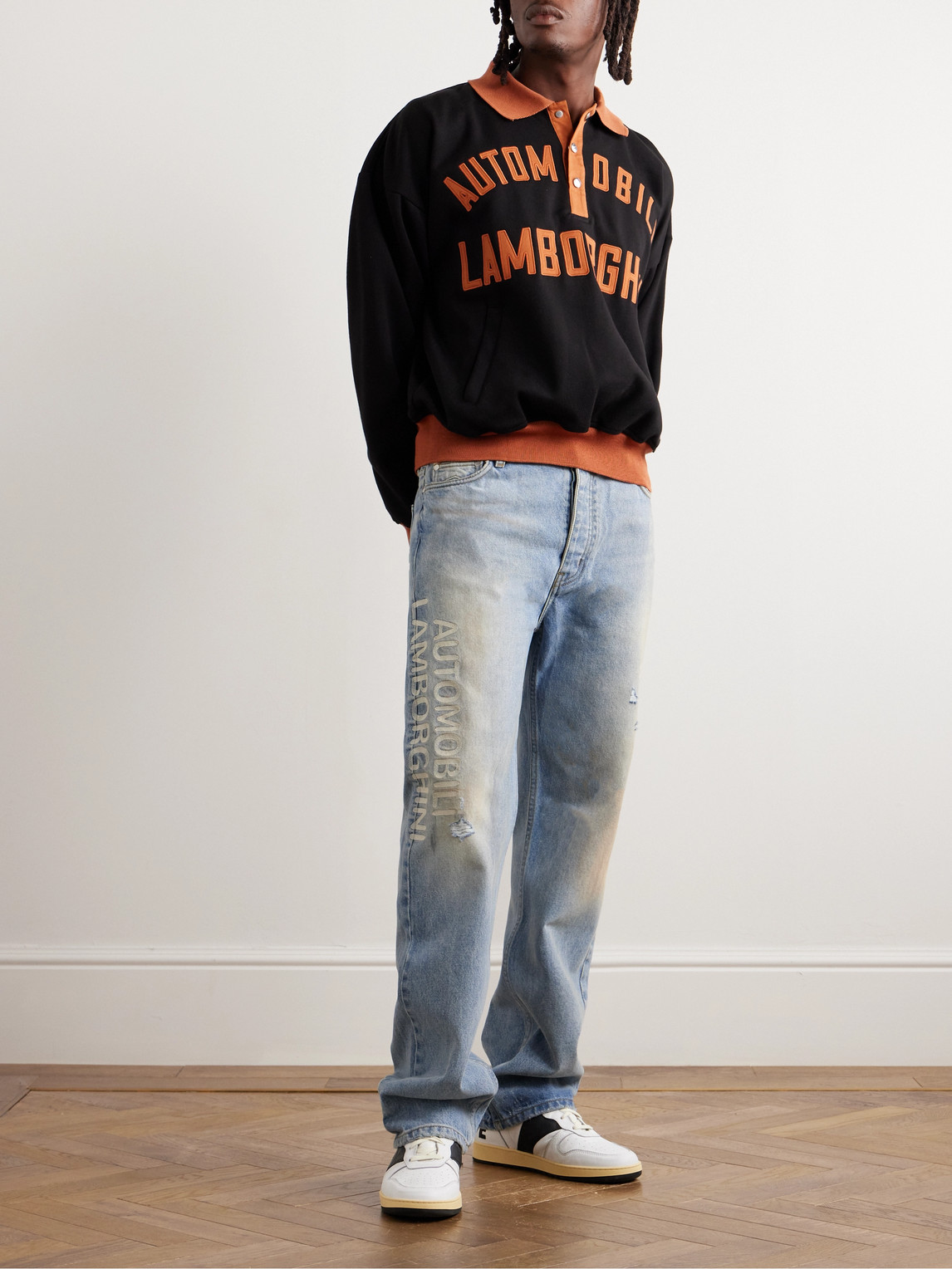 Shop Rhude Lamborghini Straight-leg Printed Distressed Jeans In Blue