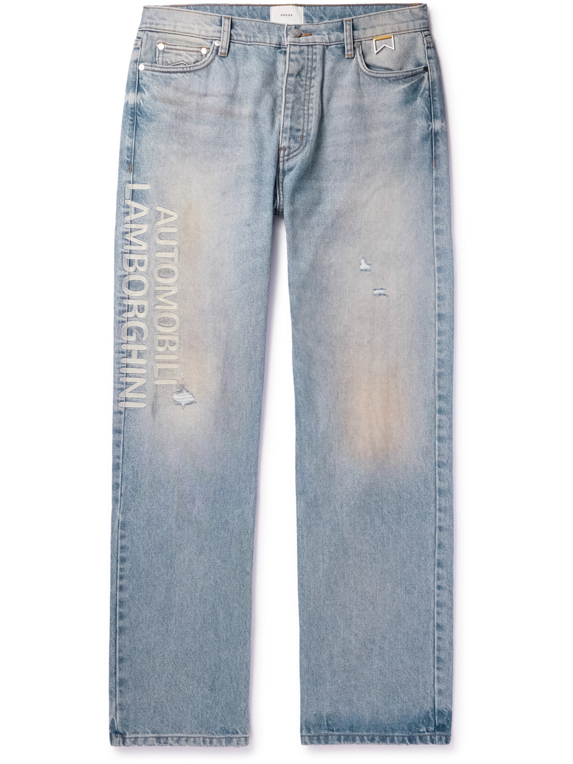 Rhude Lamborghini Straight-leg Printed Distressed Jeans In Blue