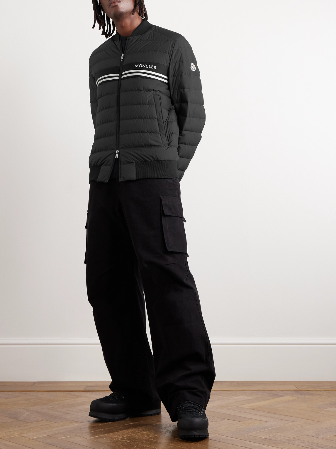 Shop Moncler Striped Quilted Shell Down Bomber Jacket In Black