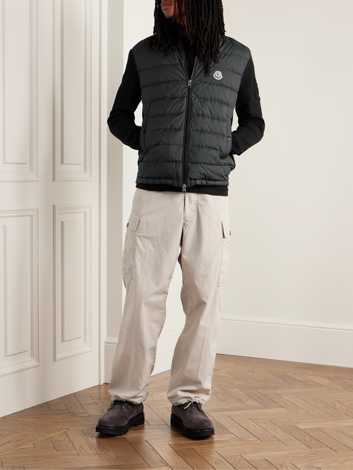 Shop Moncler Panelled Cotton And Quilted Shell Down Zip-up Cardigan In Black