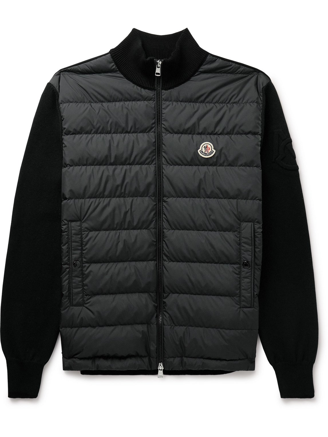Moncler Panelled Cotton And Quilted Shell Down Zip-up Cardigan In Black