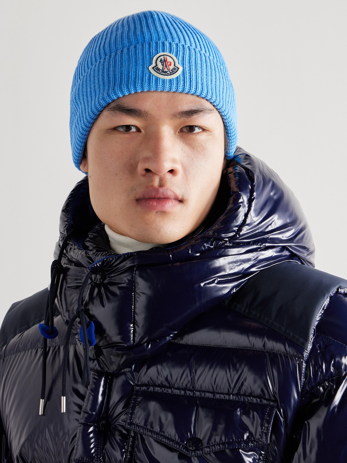 Moncler Logo-appliquéd Ribbed Cotton Beanie In Blue