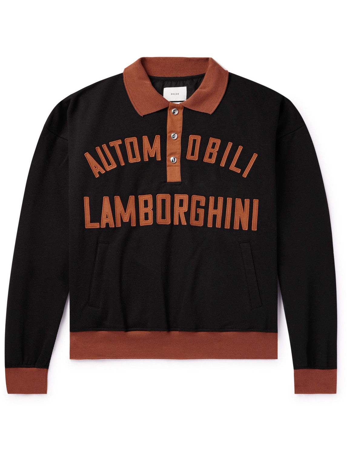 Rhude Lamborghini Appliquéd Two-tone Cotton-blend Piqué Polo Shirt In Black