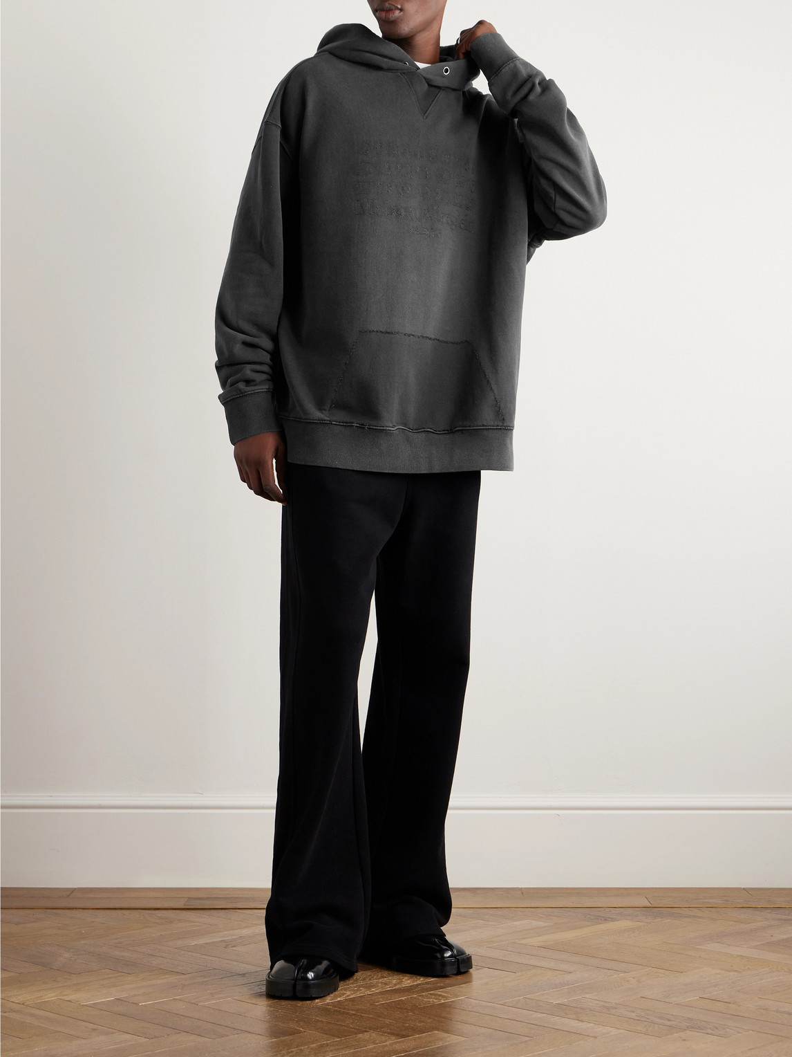 Shop Maison Margiela Oversized Logo-embroidered Garment-dyed Cotton-jersey Hoodie In Black