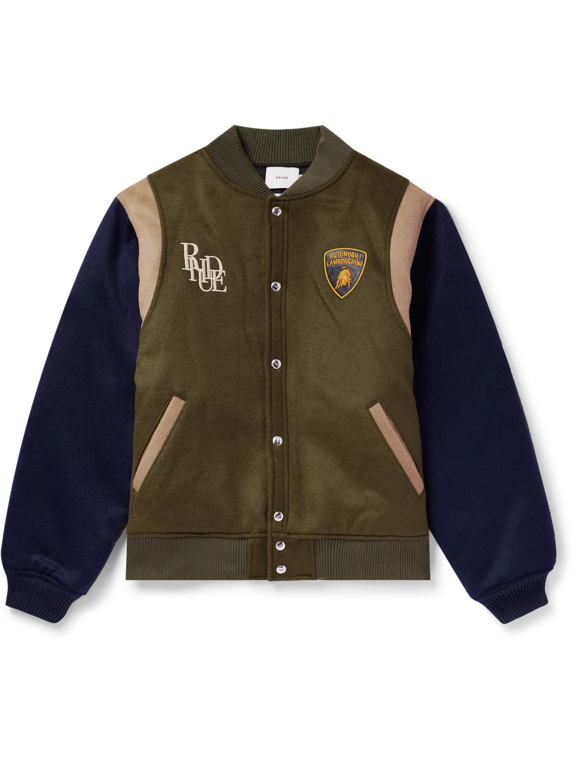RHUDE LAMBORGHINI EMBROIDERED WOOL-BLEND FLANNEL VARSITY JACKET