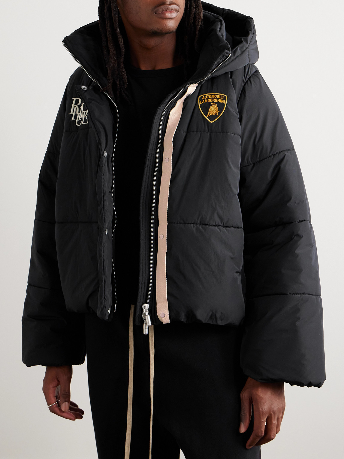 Shop Rhude Lamborghini Logo-embroidered Nylon Hooded Padded Jacket In Black