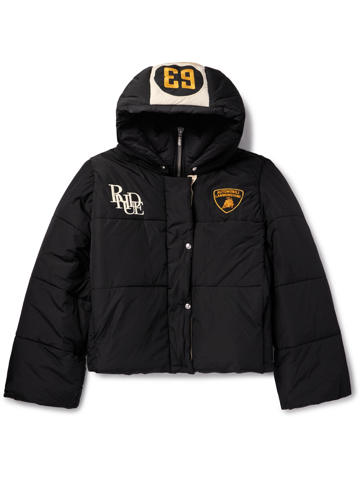 RHUDE LAMBORGHINI LOGO-EMBROIDERED NYLON HOODED PADDED JACKET