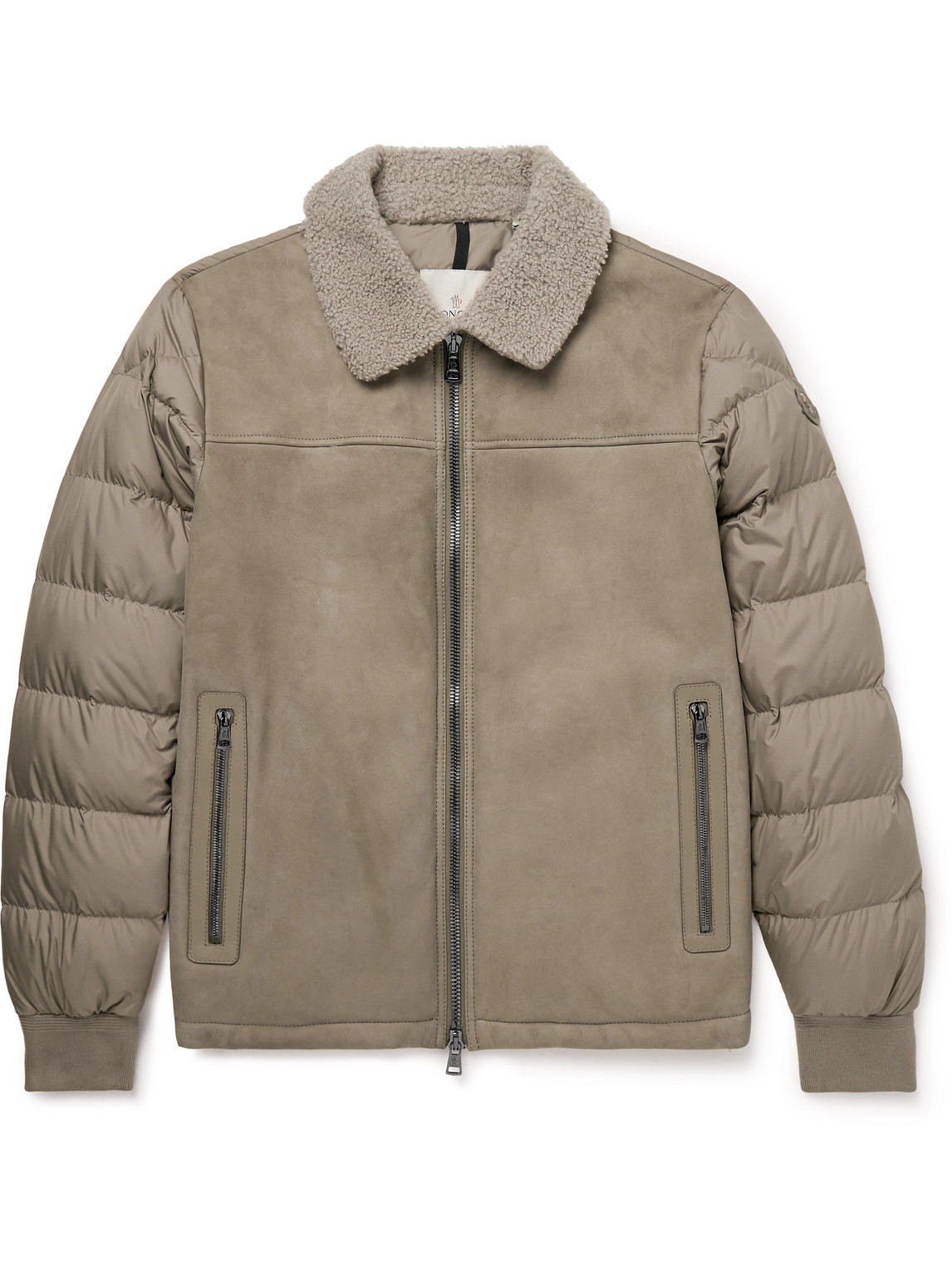 Moncler Jumeaux Logo-appliquéd Shearling And Leather-trimmed Suede And Quilted Shell Down Jacket In Brown