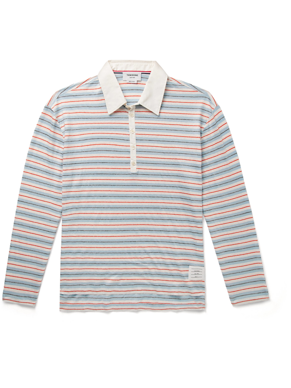 Thom Browne Cotton-blend Poplin Trimmed Striped Stretch-linen Jersey Polo Shirt In Blue