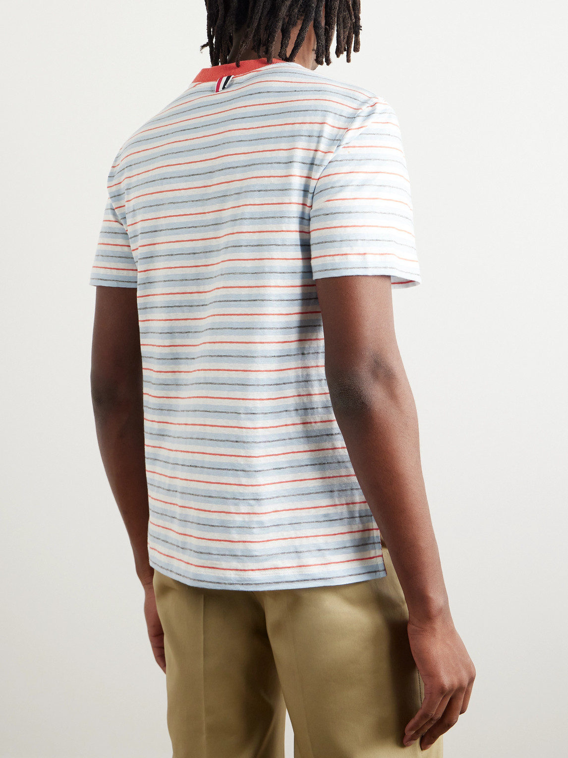 Shop Thom Browne Striped Stretch-linen T-shirt In Blue