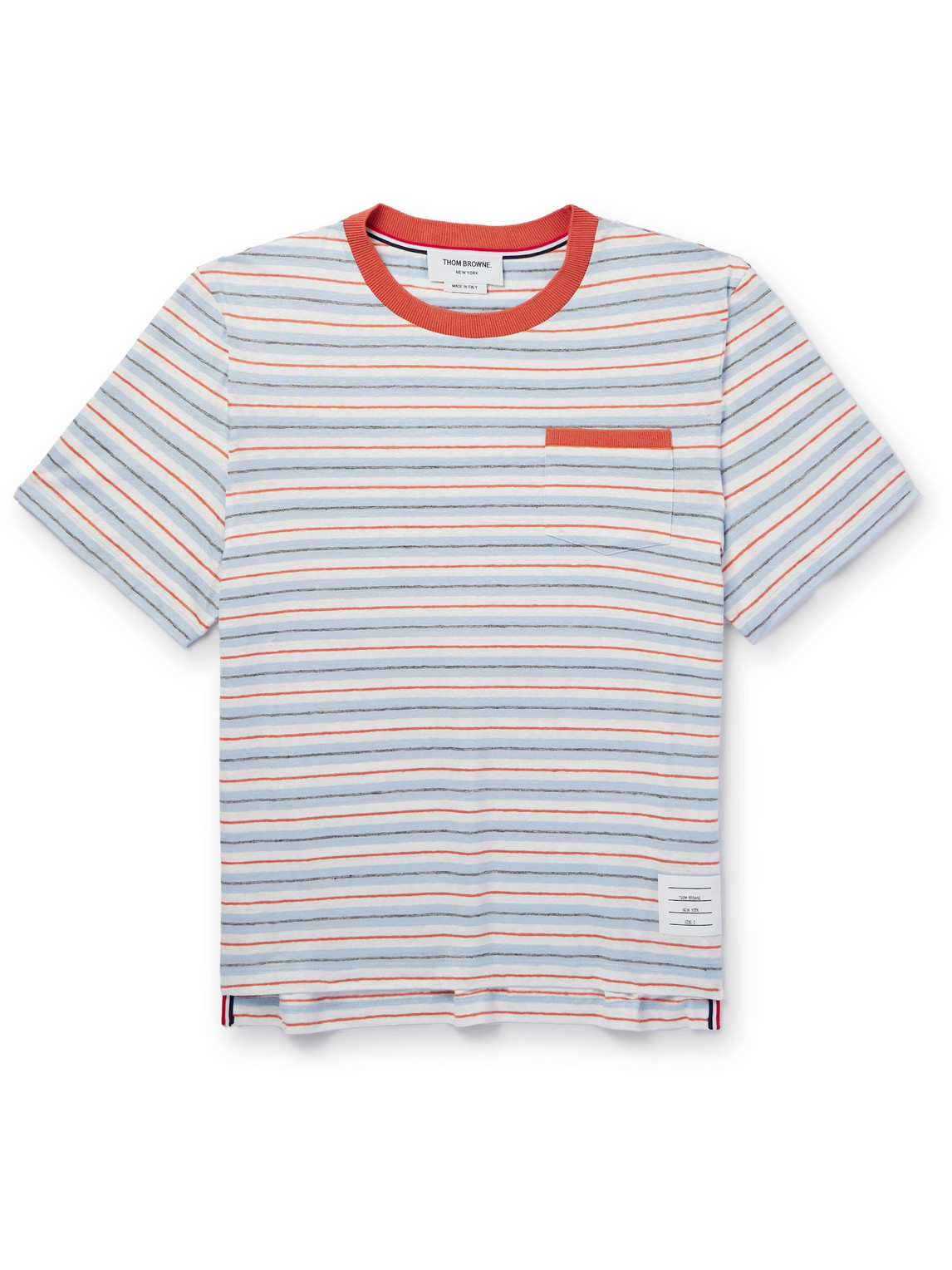 Shop Thom Browne Striped Stretch-linen T-shirt In Blue