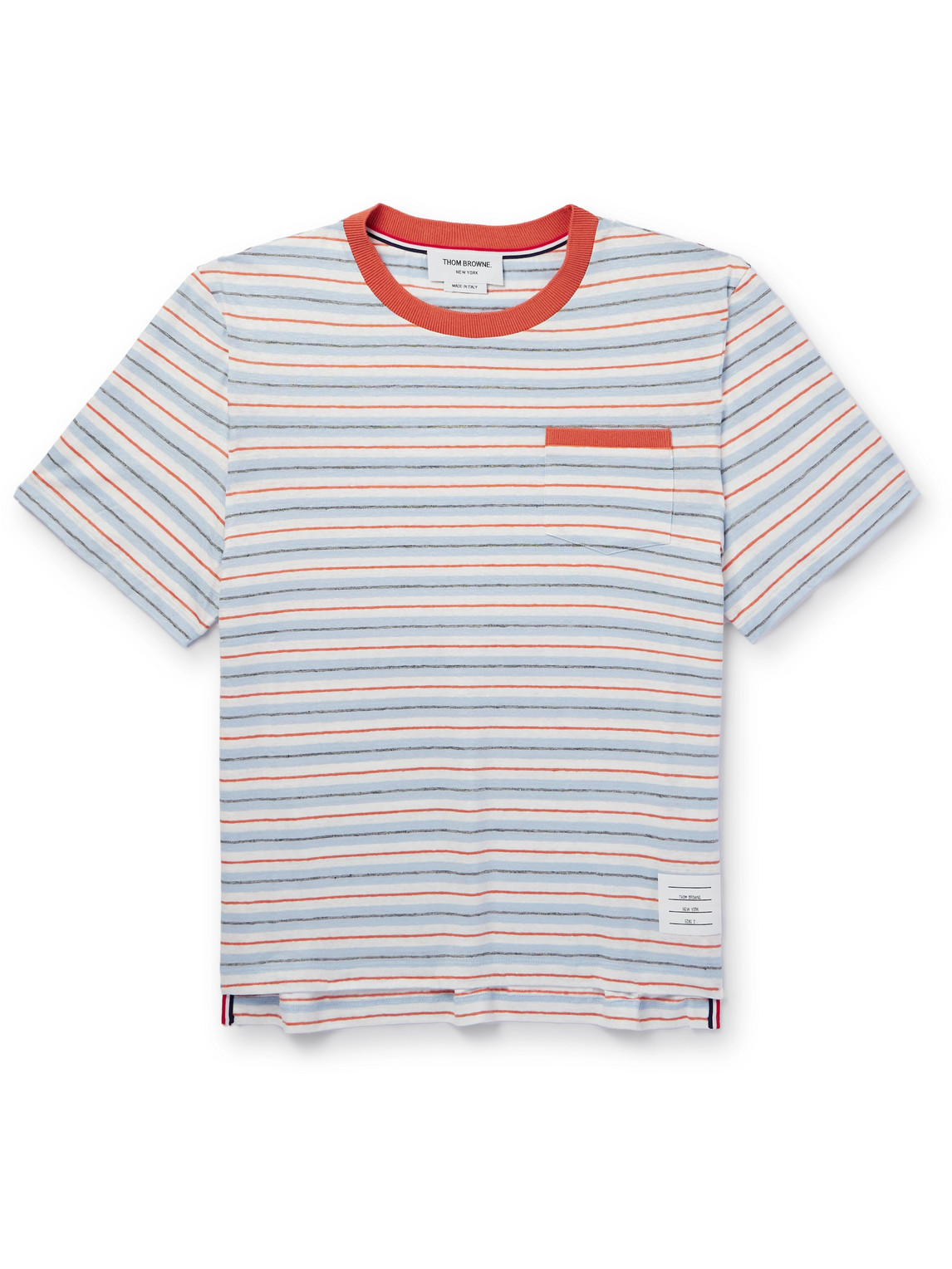 THOM BROWNE STRIPED STRETCH-LINEN T-SHIRT