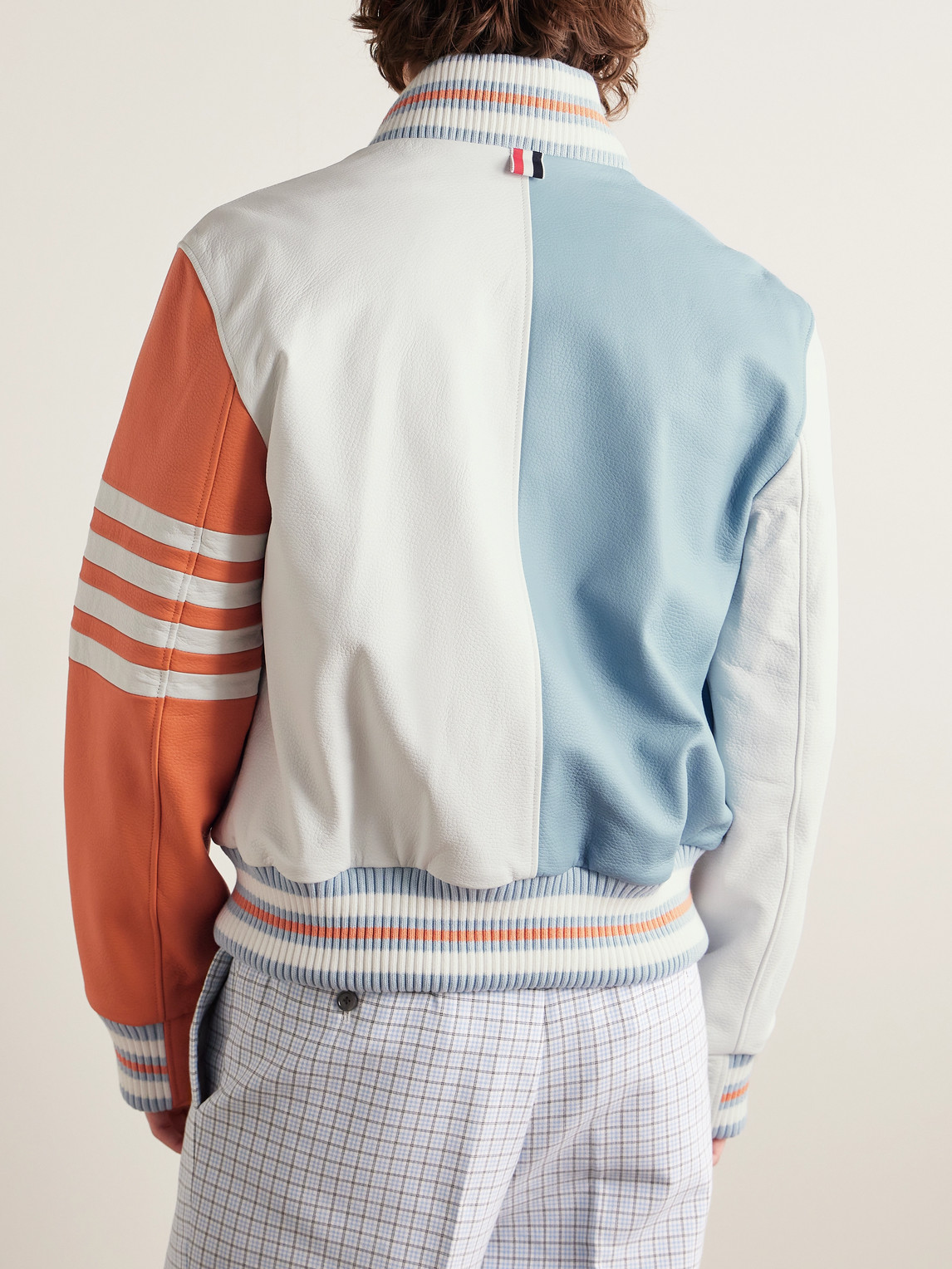 Shop Thom Browne Colour-block Striped Full-grain Leather Blouson Jacket In White