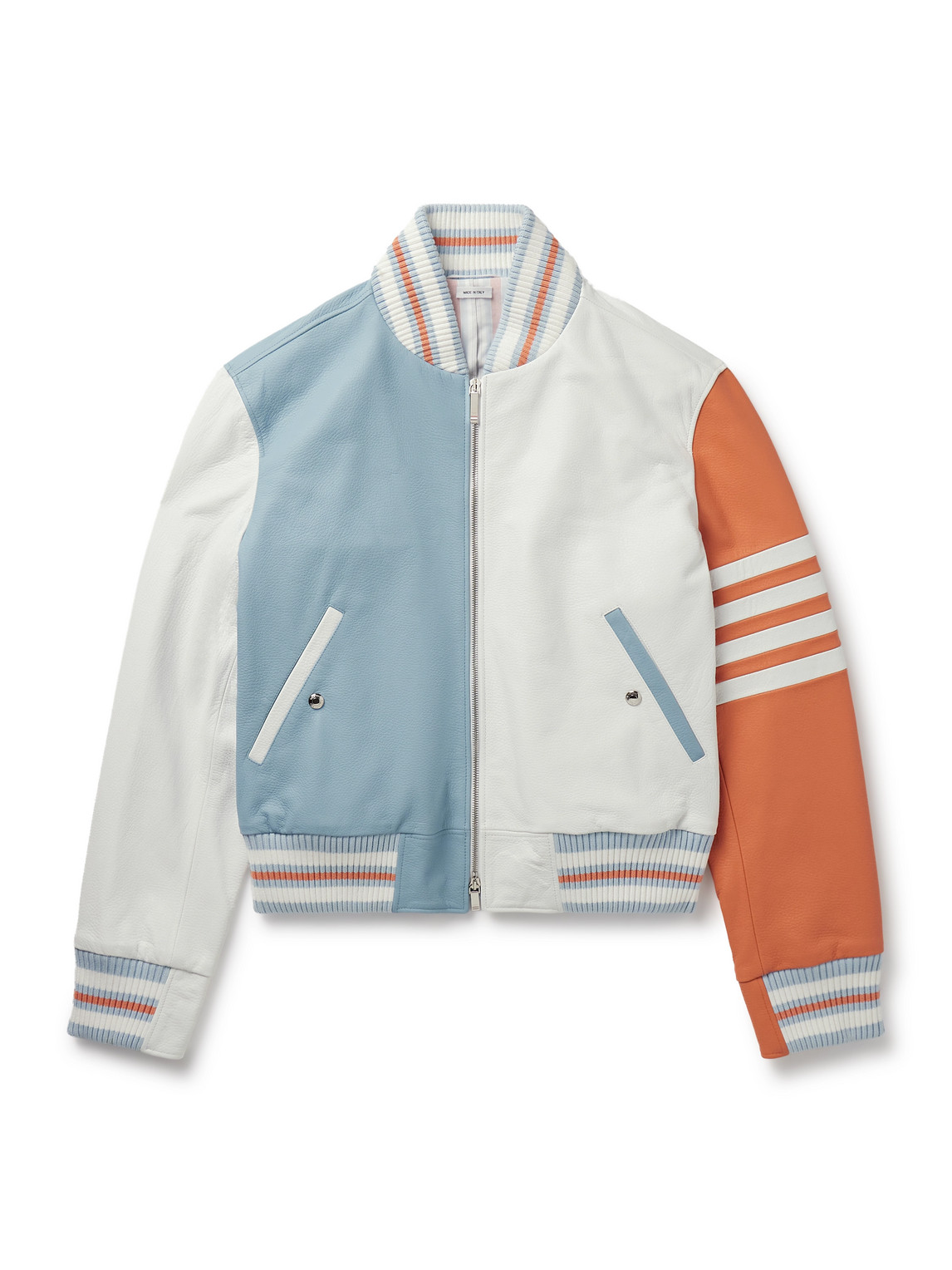 Shop Thom Browne Colour-block Striped Full-grain Leather Blouson Jacket In White