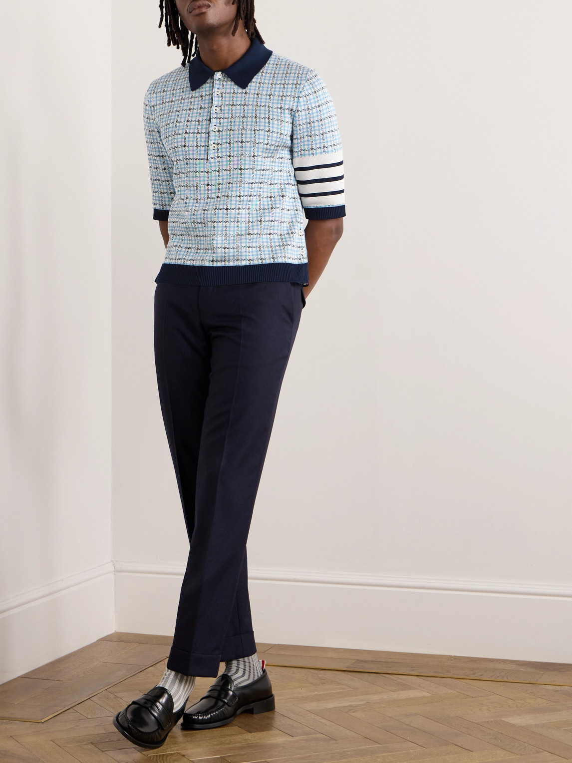 Shop Thom Browne Jacquard-knit Silk And Cotton-blend Polo Shirt In Blue