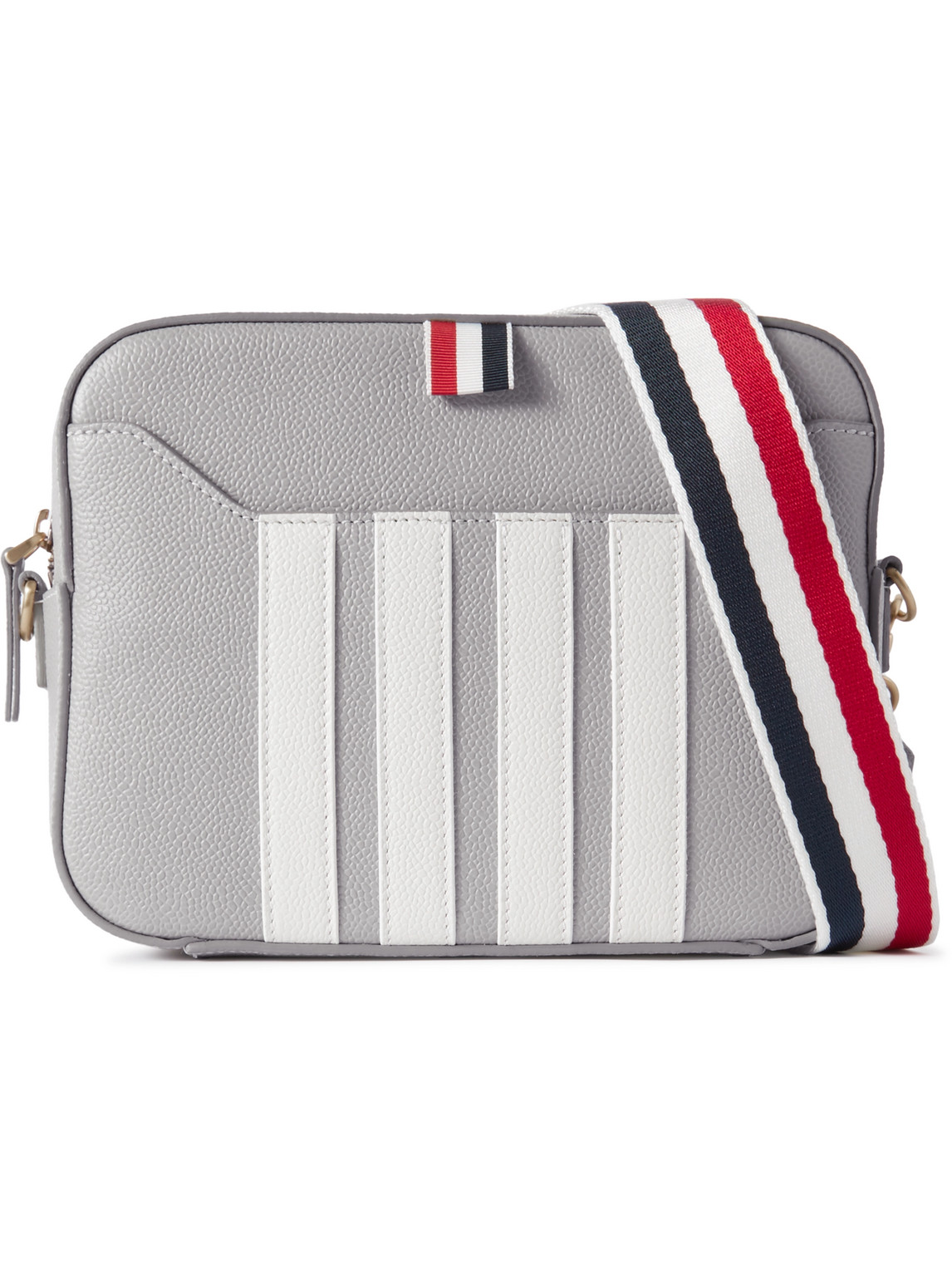 Thom Browne Small Striped Pebble-grain Leather Messenger Bag In Gray