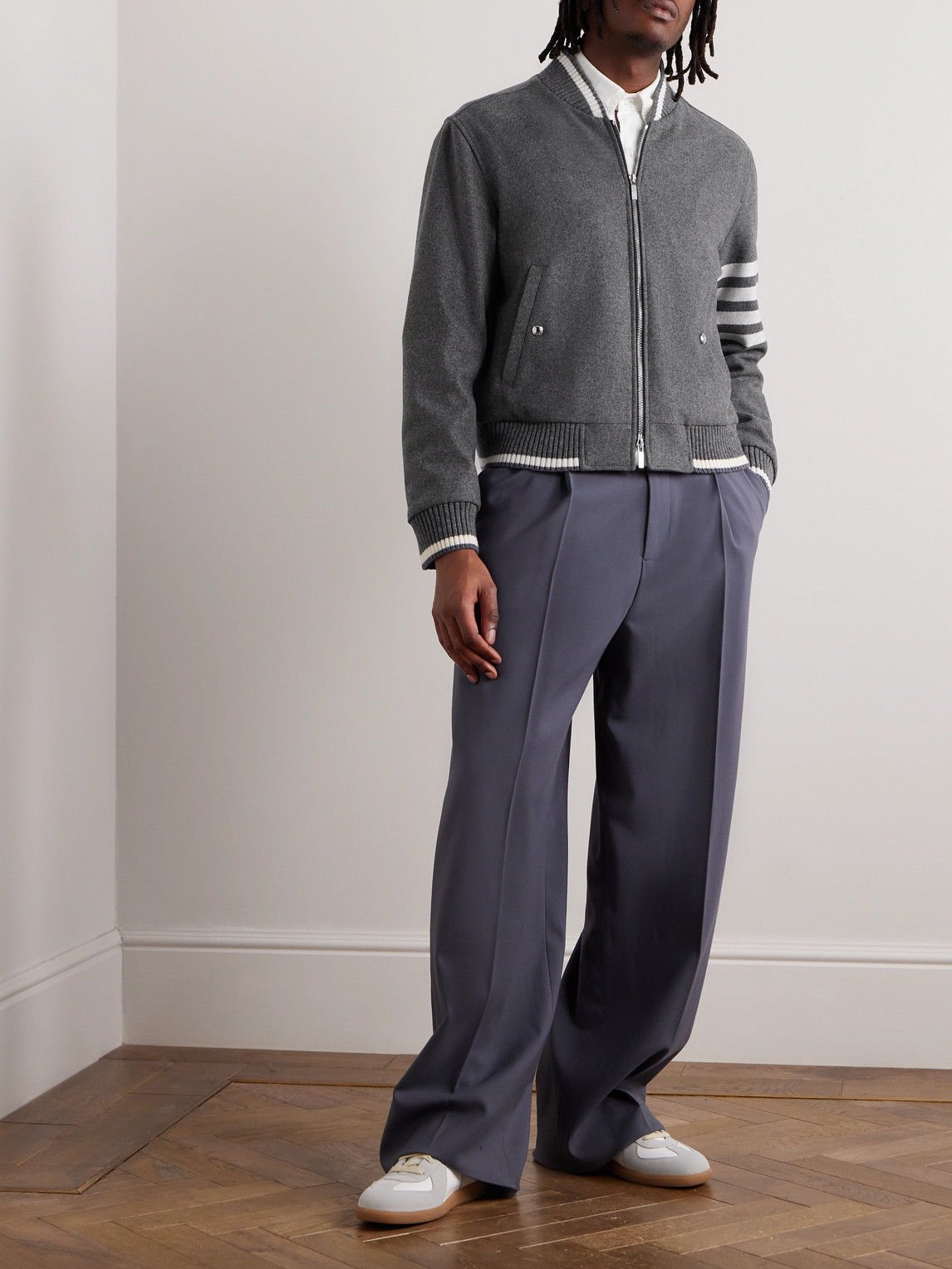 Shop Thom Browne Striped Wool And Cashmere-blend Zip-up Bomber Jacket In Gray