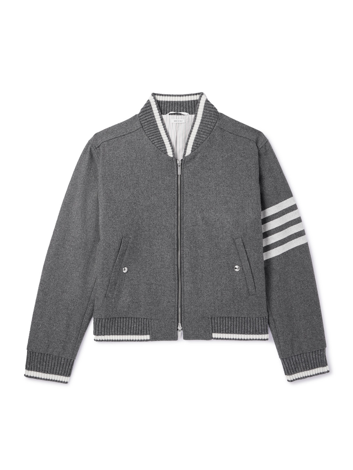 Thom Browne Striped Wool And Cashmere-blend Zip-up Bomber Jacket In Grey