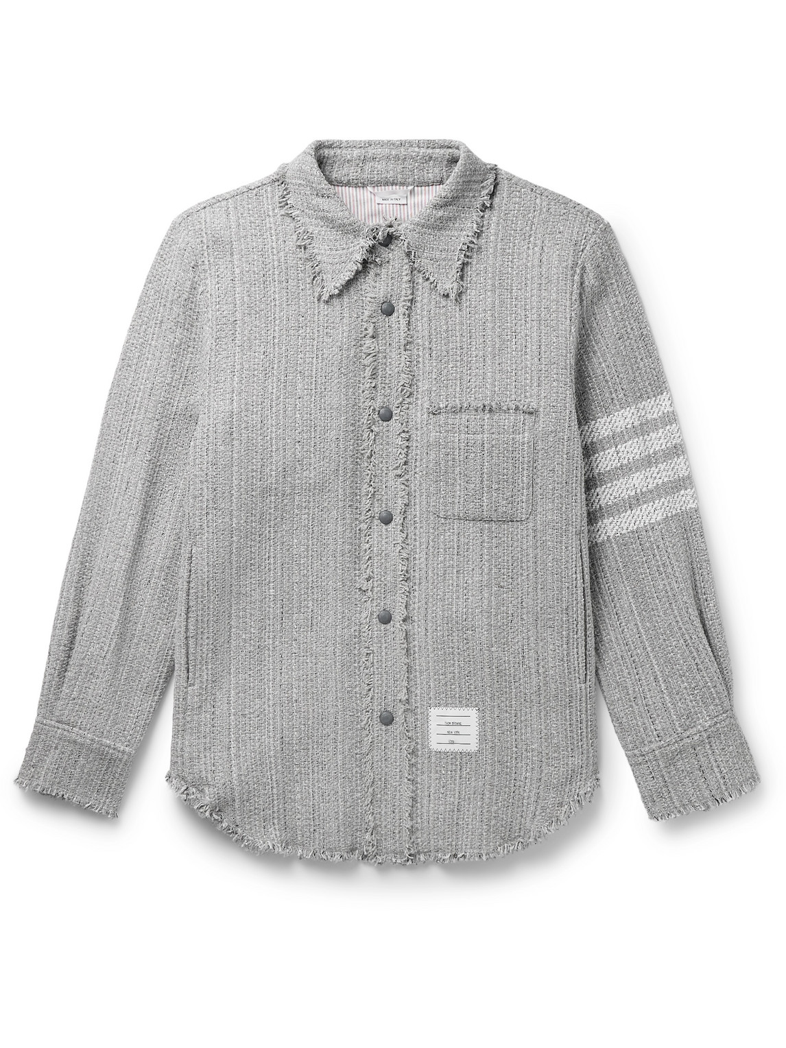 Thom Browne Frayed Striped Cotton-blend Tweed Overshirt In Gray