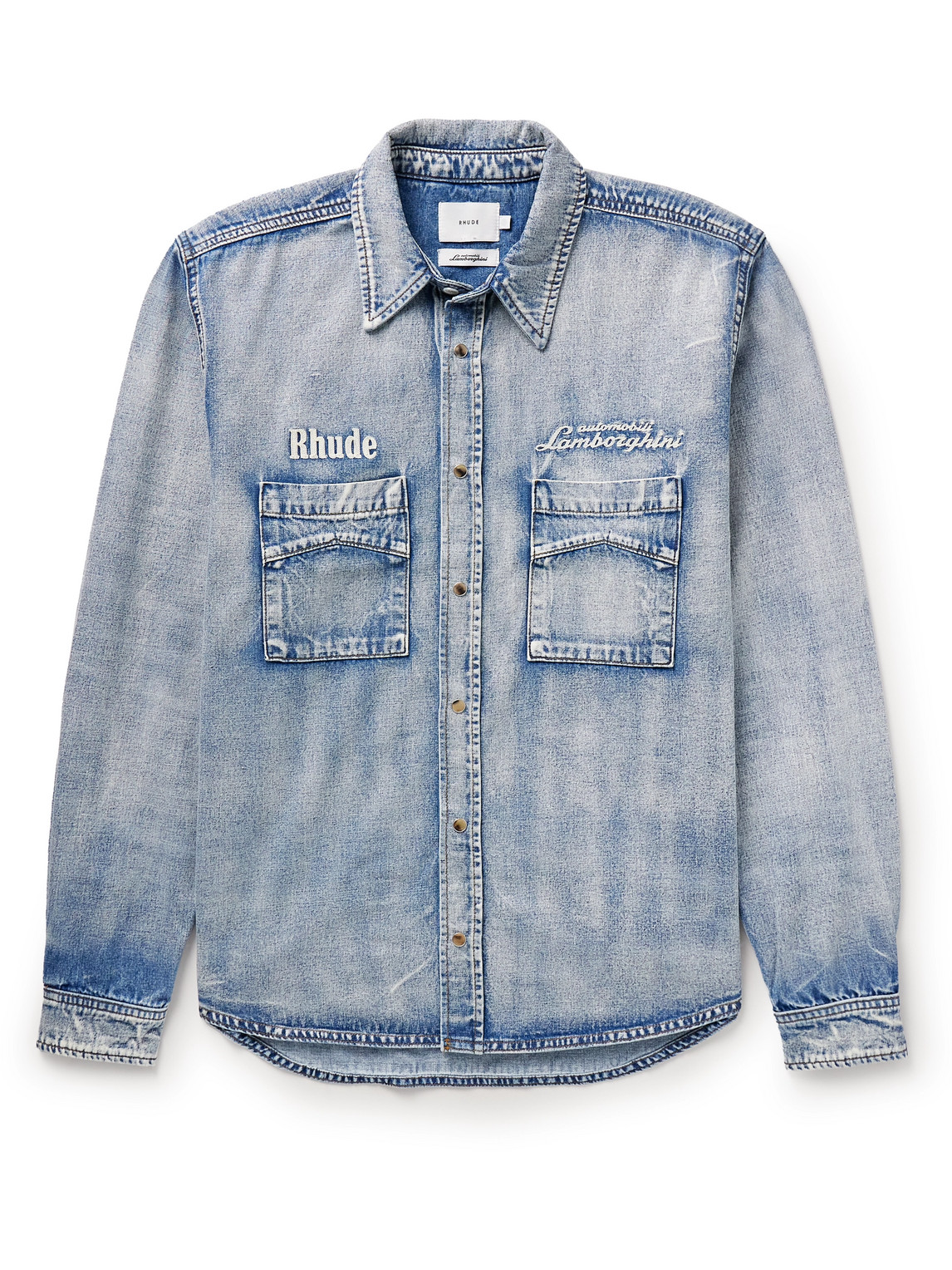 Shop Rhude Lamborghini Logo-embroidered Denim Shirt In Blue