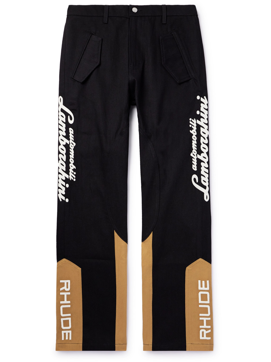 Rhude Lamborghini Printed Panelled Straight-leg Cotton-twill Trousers In Black