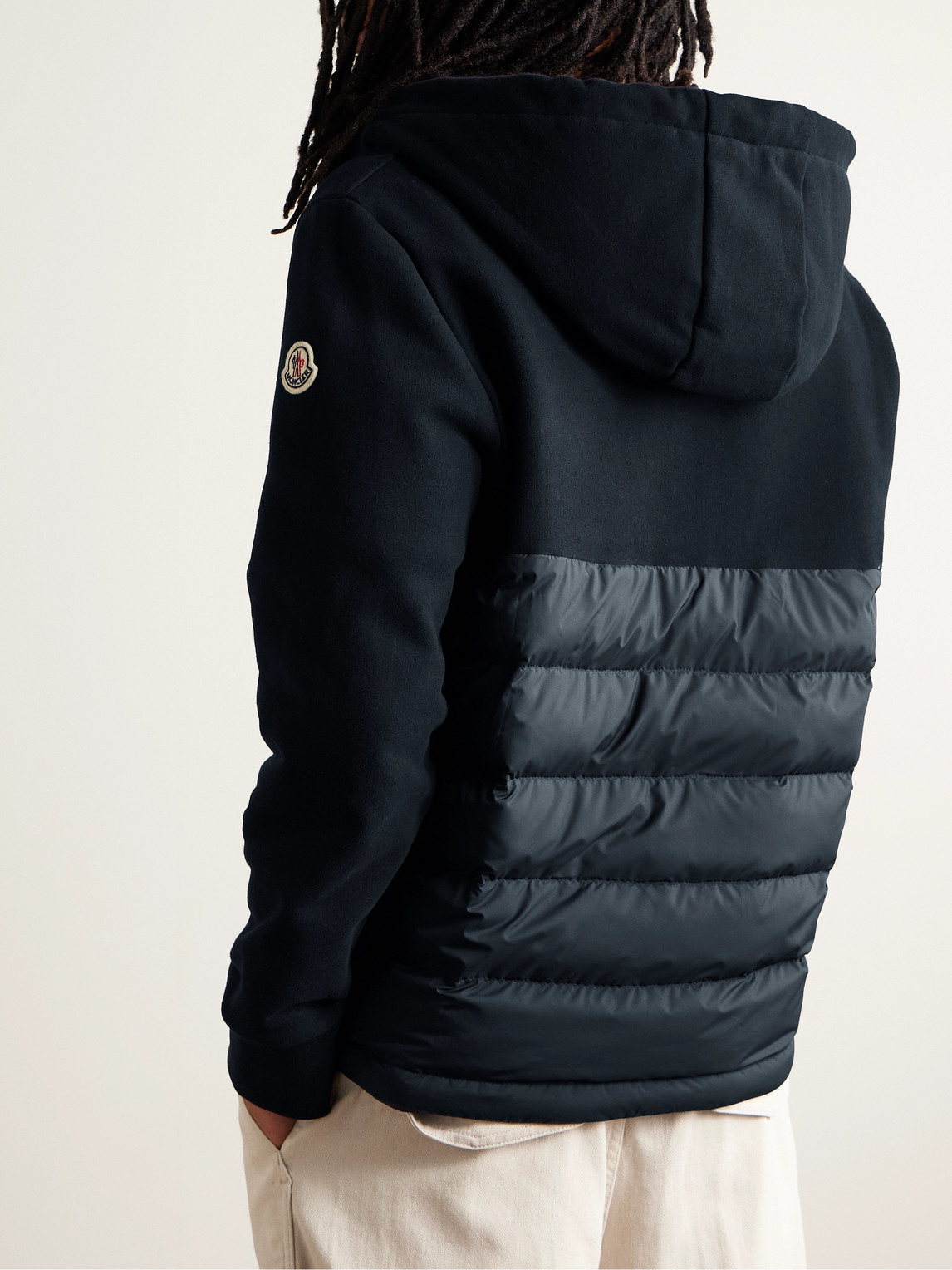 Shop Moncler Logo-appliquéd Panelled Cotton-jersey And Quilted Shell Down Zip-up Hoodie In Blue